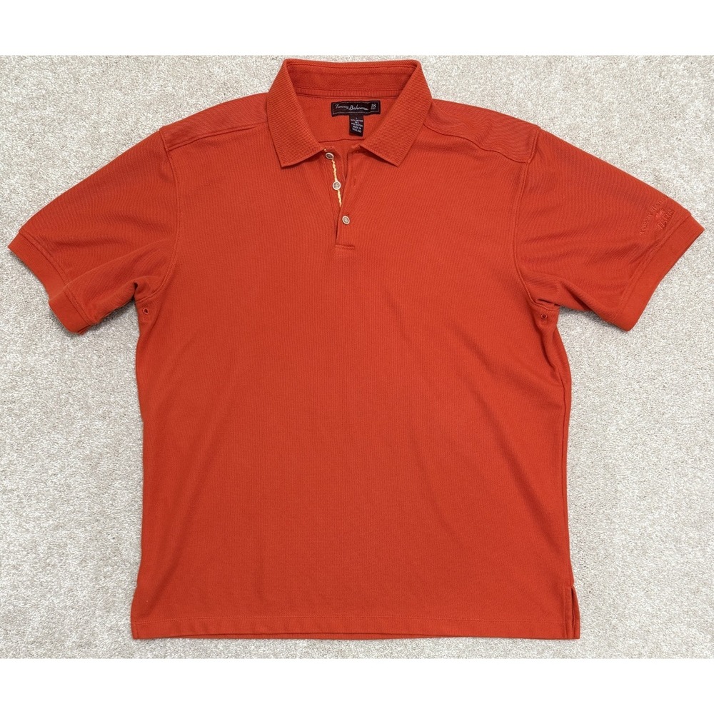 TOMMY BAHAMA 18 Golf Men's LARGE Short Sleeve Polo Shirt Orange Logo Stretch